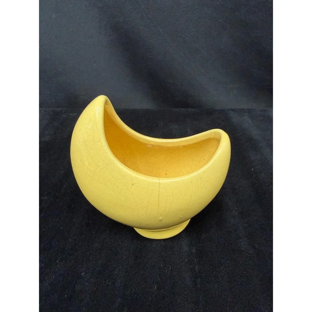 Vintage Crescent Moon Mini Planter Yellow Crackled Paint Celestial Boho Cottage